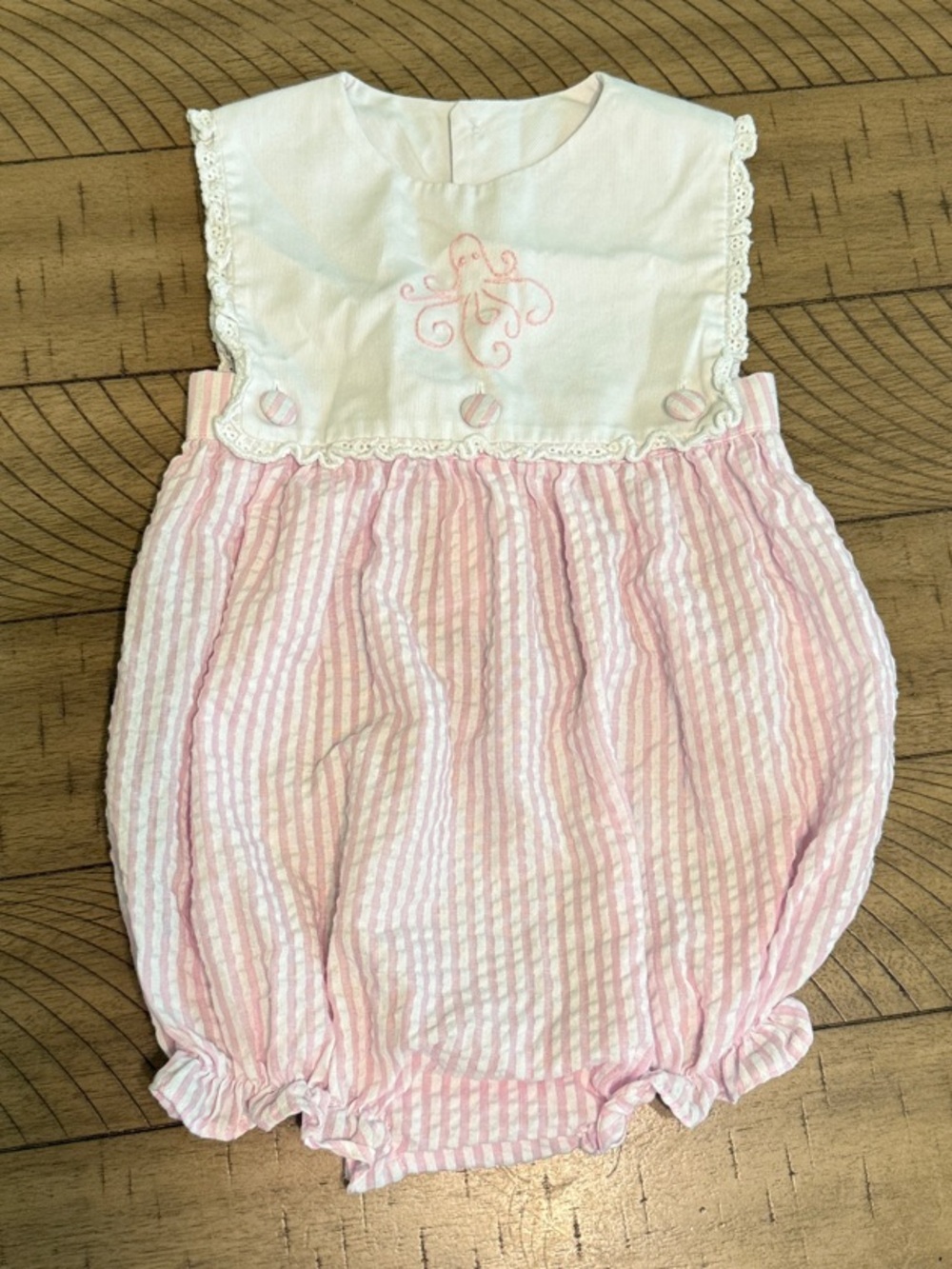 Baby Girls Pink Stripe One-Piece Romper with Octopus Embroidery